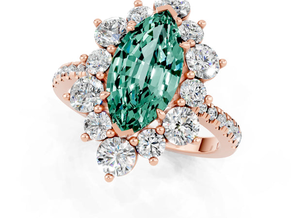 Rose gold Marquise Cut Green Sapphire Floral Halo Ring with Round Pavé Band and Prong Setting