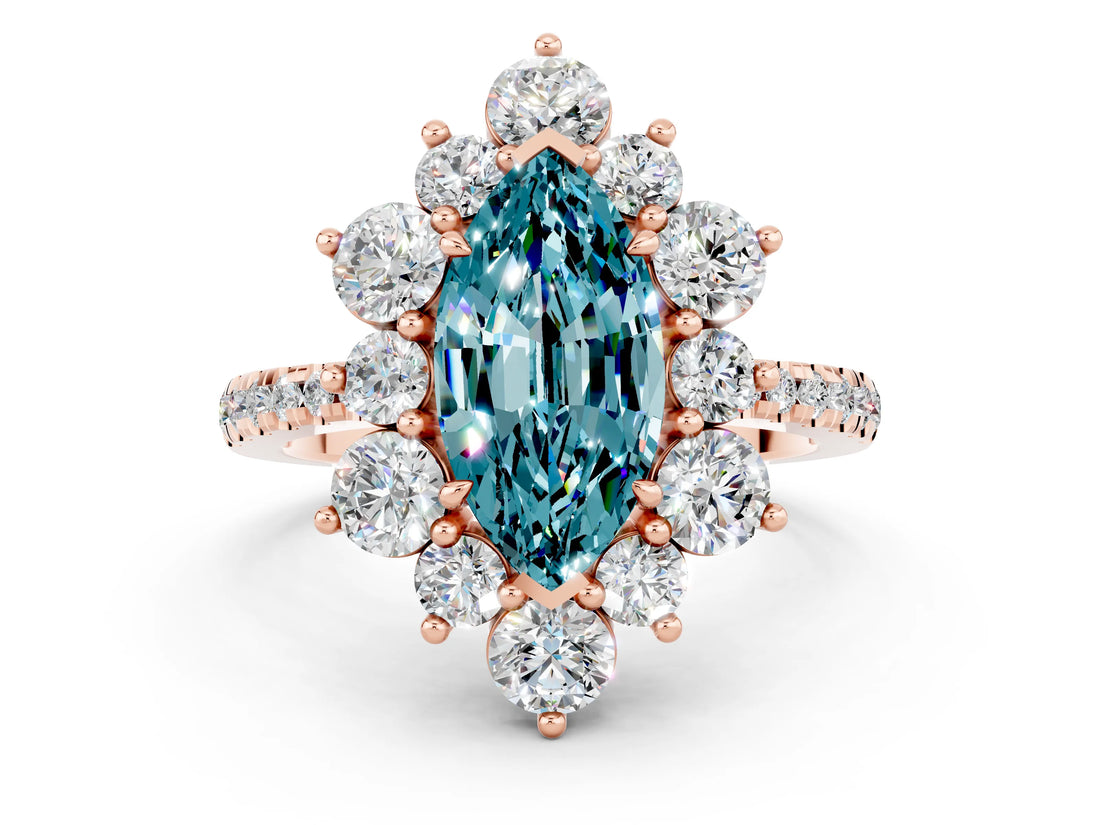 Rose gold Marquise Cut Cut Diamond Floral Halo Pave Band with Prong Setting