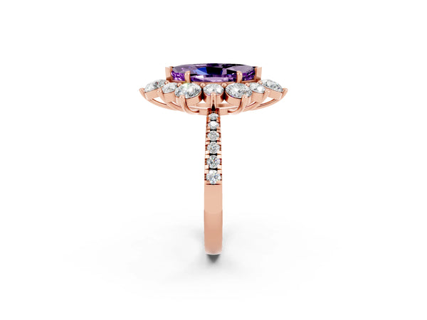 Rose gold Marquise Cut Amethyst Floral Halo Ring with Round Pavé Band and Prong Setting