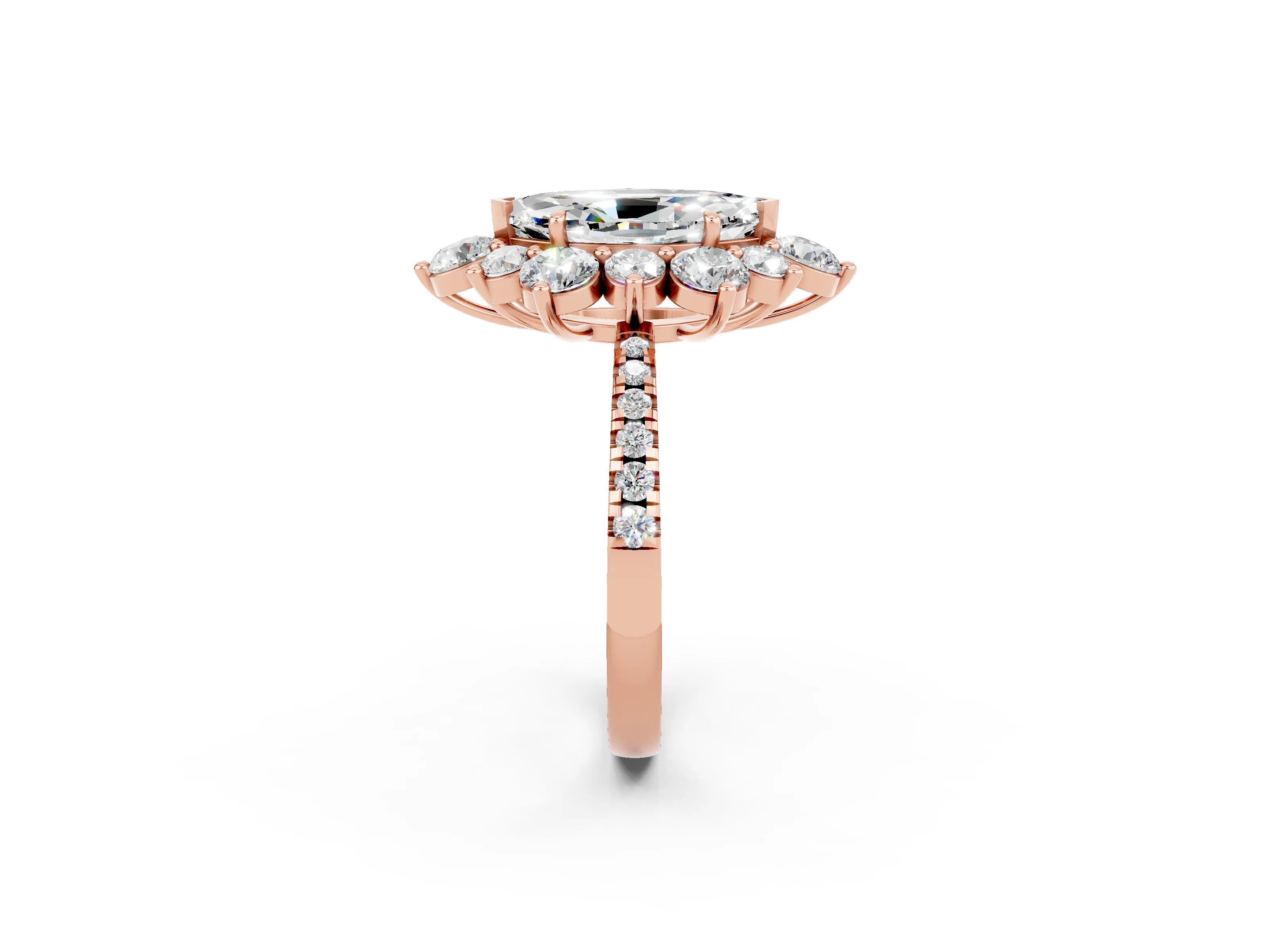 Rose gold Marquise Cut Cut Diamond Floral Halo Pave Band with Prong Setting_2