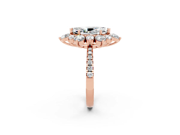Rose gold Marquise Cut Moissanite Floral Halo Ring with Round Pavé Band and Prong Setting