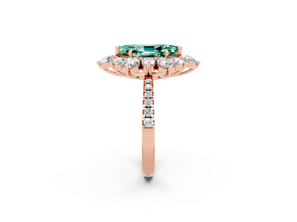 Rose gold Marquise Cut Green Sapphire Floral Halo Ring with Round Pavé Band and Prong Setting