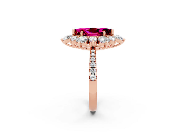 Rose gold Marquise Cut Garnet Floral Halo Ring with Round Pavé Band and Prong Setting