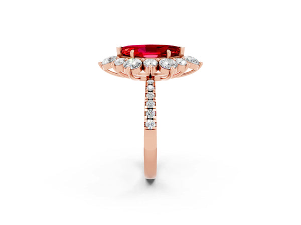 Rose gold Marquise Cut Ruby Floral Halo Ring with Round Pavé Band and Prong Setting