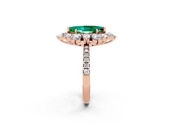 Rose gold Marquise Cut Emerald Floral Halo Ring with Round Pavé Band and Prong Setting