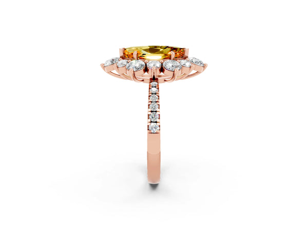 Rose gold Marquise Cut Citrine Floral Halo Ring with Round Pavé Band and Prong Setting