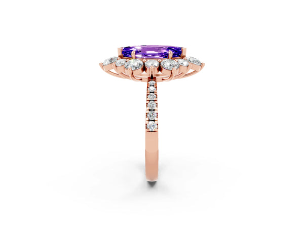 Rose gold Marquise Cut Tanzanite Floral Halo Ring with Round Pavé Band and Prong Setting