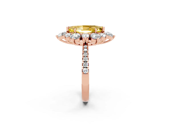 Rose gold Marquise Cut Yellow Sapphire Floral Halo Ring with Round Pavé Band and Prong Setting
