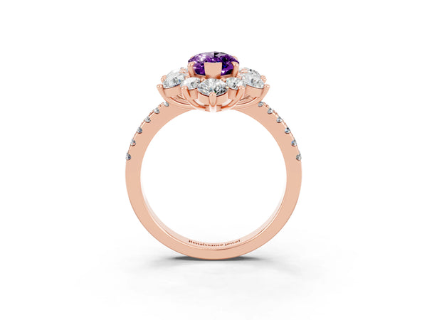 Rose gold Marquise Cut Amethyst Floral Halo Ring with Round Pavé Band and Prong Setting