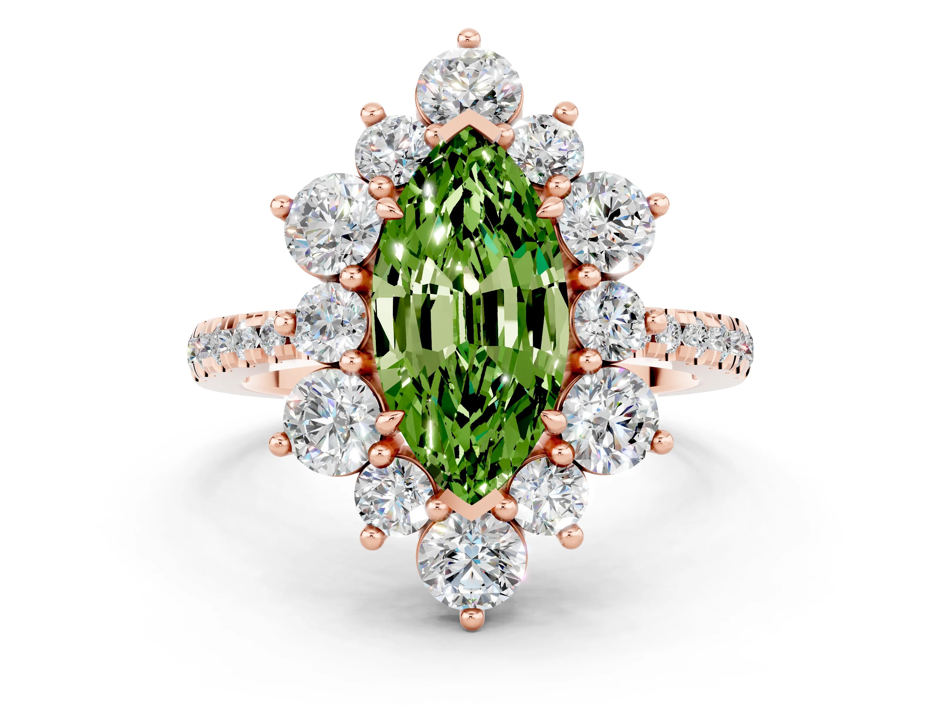 Rose gold Marquise Cut Cut Diamond Floral Halo Pave Band with Prong Setting