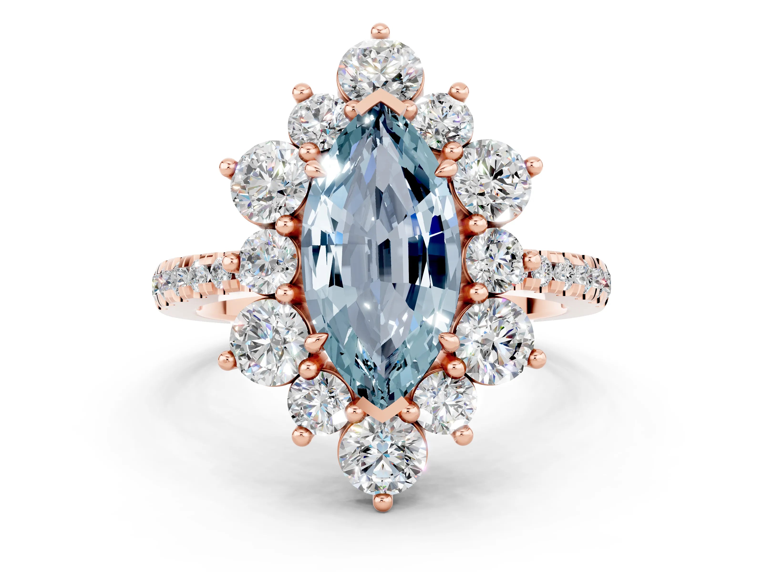 Rose gold Marquise Cut Cut Diamond Floral Halo Pave Band with Prong Setting