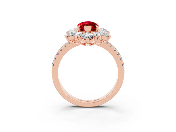 Rose gold Marquise Cut Ruby Floral Halo Ring with Round Pavé Band and Prong Setting