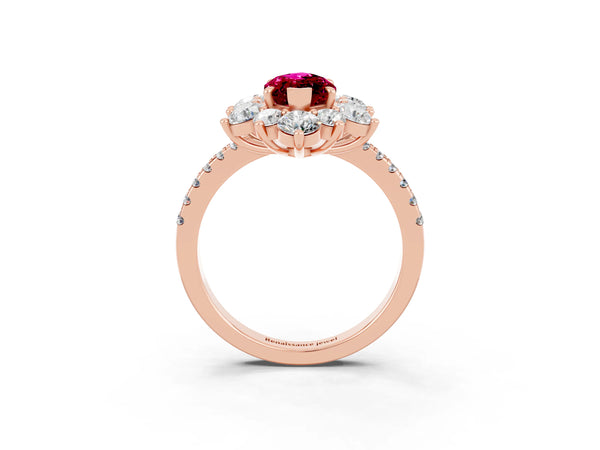 Rose gold Marquise Cut Garnet Floral Halo Ring with Round Pavé Band and Prong Setting