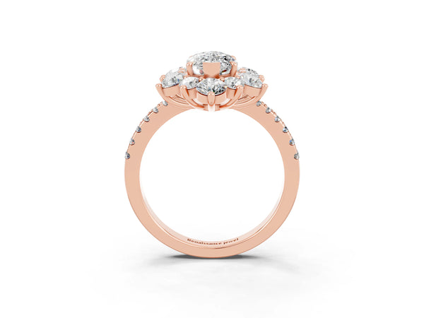 Rose gold Marquise Cut Moissanite Floral Halo Ring with Round Pavé Band and Prong Setting