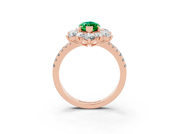 Rose gold Marquise Cut Emerald Floral Halo Ring with Round Pavé Band and Prong Setting