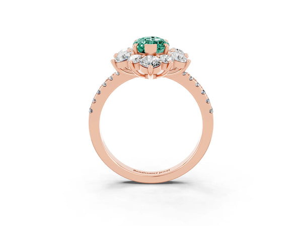 Rose gold Marquise Cut Green Sapphire Floral Halo Ring with Round Pavé Band and Prong Setting