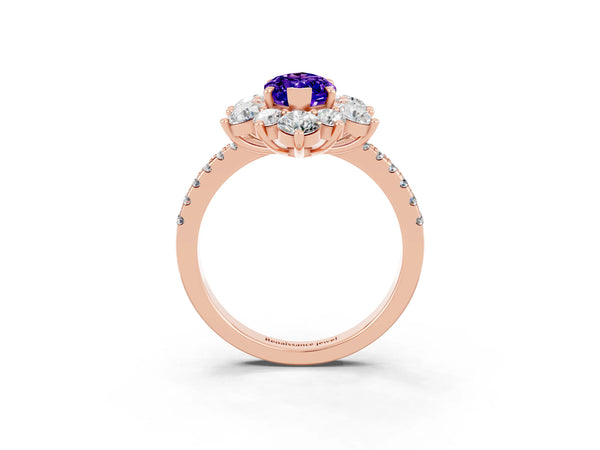 Rose gold Marquise Cut Tanzanite Floral Halo Ring with Round Pavé Band and Prong Setting
