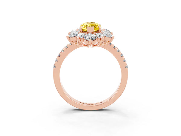 Rose gold Marquise Cut Yellow Sapphire Floral Halo Ring with Round Pavé Band and Prong Setting