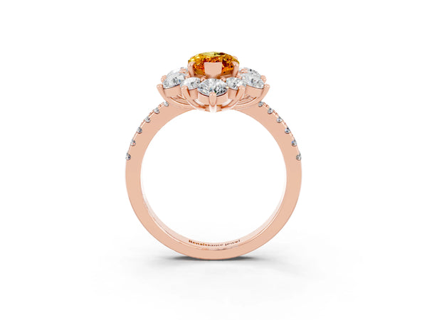 Rose gold Marquise Cut Citrine Floral Halo Ring with Round Pavé Band and Prong Setting