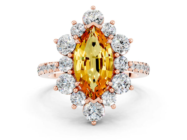 Rose gold Marquise Cut Citrine Floral Halo Ring with Round Pavé Band and Prong Setting