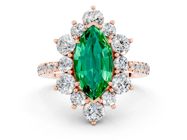 Rose gold Marquise Cut Emerald Floral Halo Ring with Round Pavé Band and Prong Setting