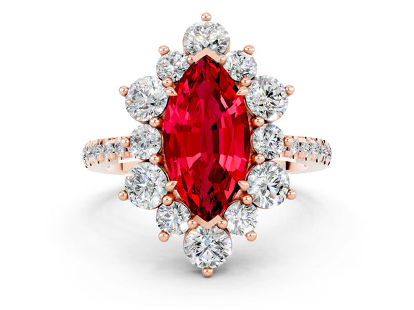 Rose gold Marquise Cut Ruby Floral Halo Ring with Round Pavé Band and Prong Setting