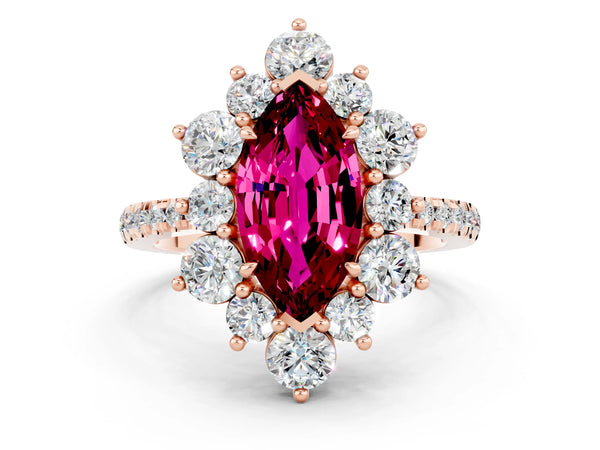 Rose gold Marquise Cut Garnet Floral Halo Ring with Round Pavé Band and Prong Setting
