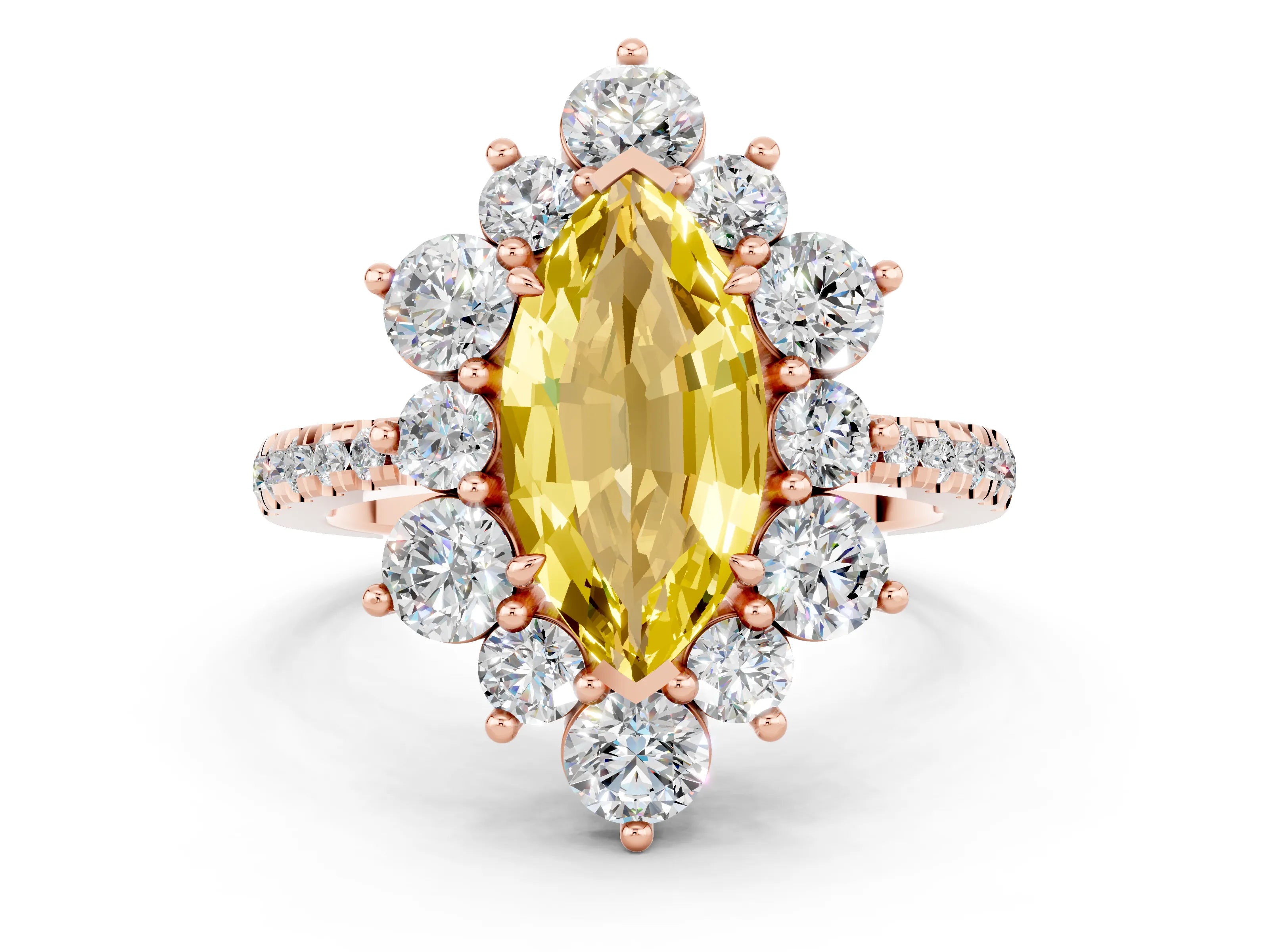 Rose gold Marquise Cut Cut Diamond Floral Halo Pave Band with Prong Setting