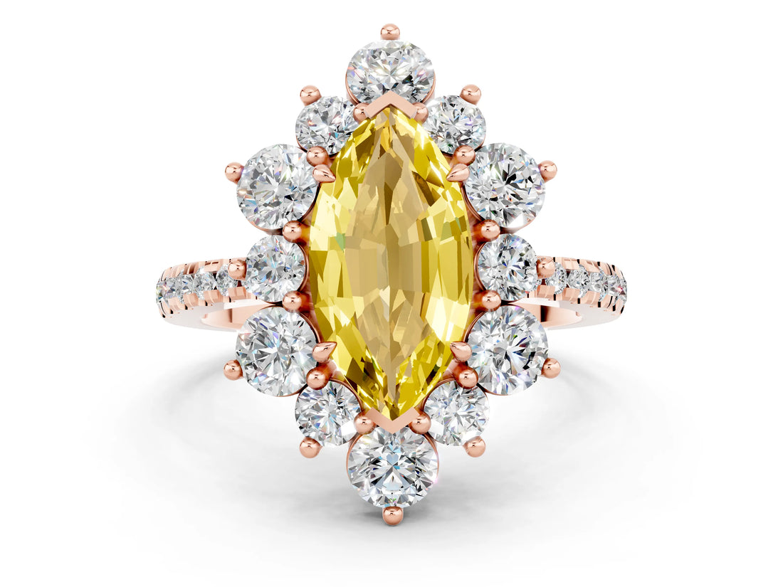 Rose gold Marquise Cut Cut Diamond Floral Halo Pave Band with Prong Setting