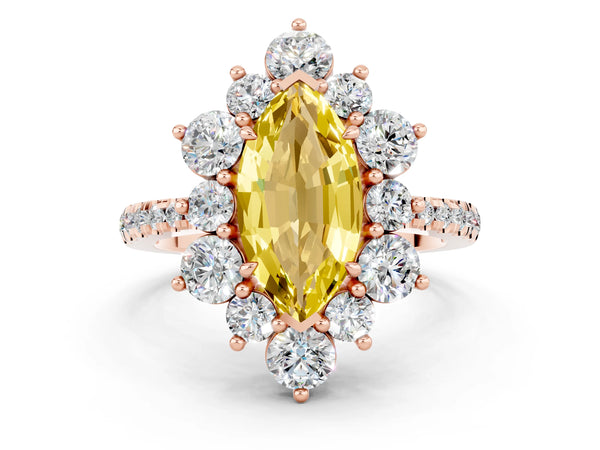 Rose gold Marquise Cut Yellow Sapphire Floral Halo Ring with Round Pavé Band and Prong Setting