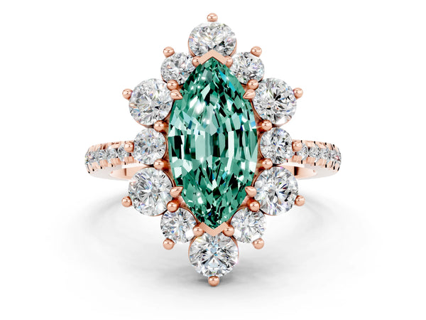 Rose gold Marquise Cut Green Sapphire Floral Halo Ring with Round Pavé Band and Prong Setting