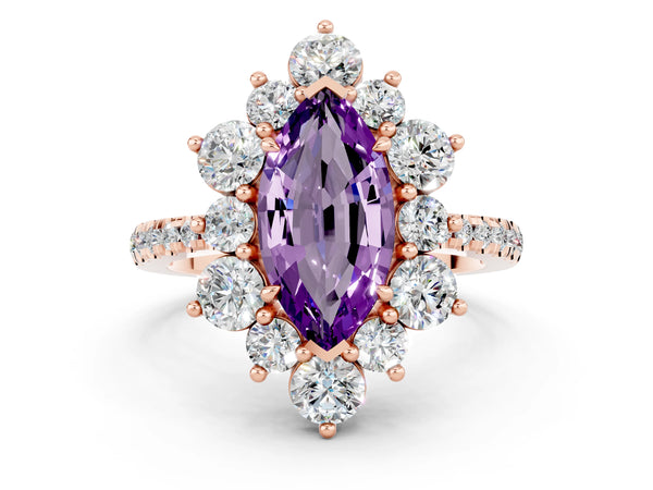 Rose gold Marquise Cut Amethyst Floral Halo Ring with Round Pavé Band and Prong Setting
