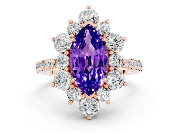 Rose gold Marquise Cut Tanzanite Floral Halo Ring with Round Pavé Band and Prong Setting