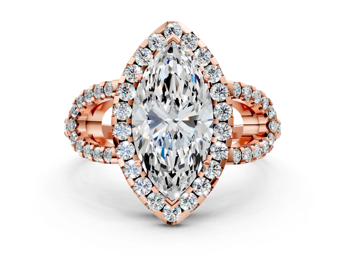 Rose gold Marquise Cut Cut Diamond Halo Engagement Ring with Open Split Pavé Band_9