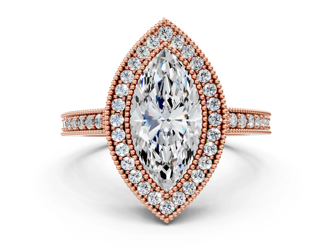 Rose gold Marquise Cut-Cut Diamond Halo Engagement Ring with Pave Band and Prong Setting_9