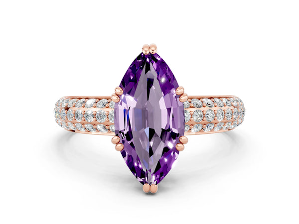 Rose gold Marquise Cut Amethyst Vintage Milgrain Ring with Round  Stations