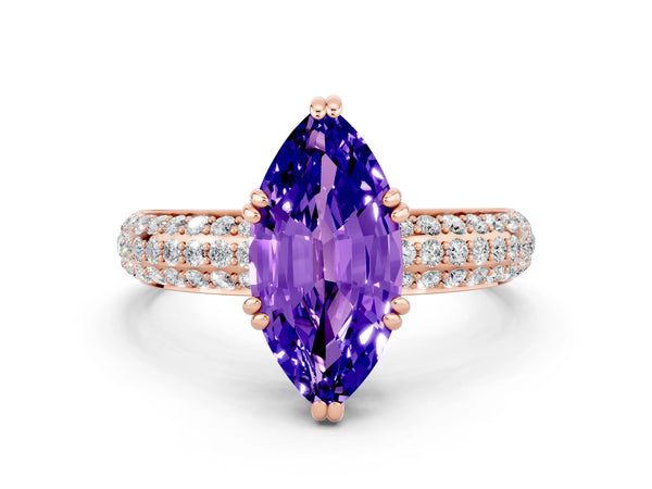Rose gold Marquise Cut Tanzanite Vintage Milgrain Ring with Round  Stations