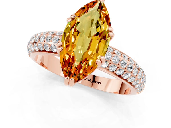 Rose gold Marquise Cut Citrine Vintage Milgrain Ring with Round  Stations