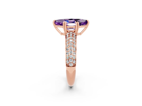 Rose gold Marquise Cut Amethyst Vintage Milgrain Ring with Round  Stations