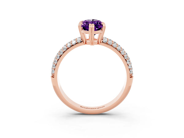 Rose gold Marquise Cut Amethyst Vintage Milgrain Ring with Round  Stations