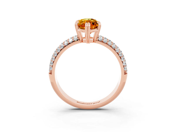 Rose gold Marquise Cut Citrine Vintage Milgrain Ring with Round  Stations