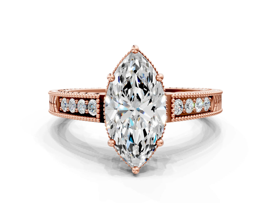 Rose gold Marquise Cut Cut Diamond Milgrain Pave Band Four-Prong Setting Ring_3