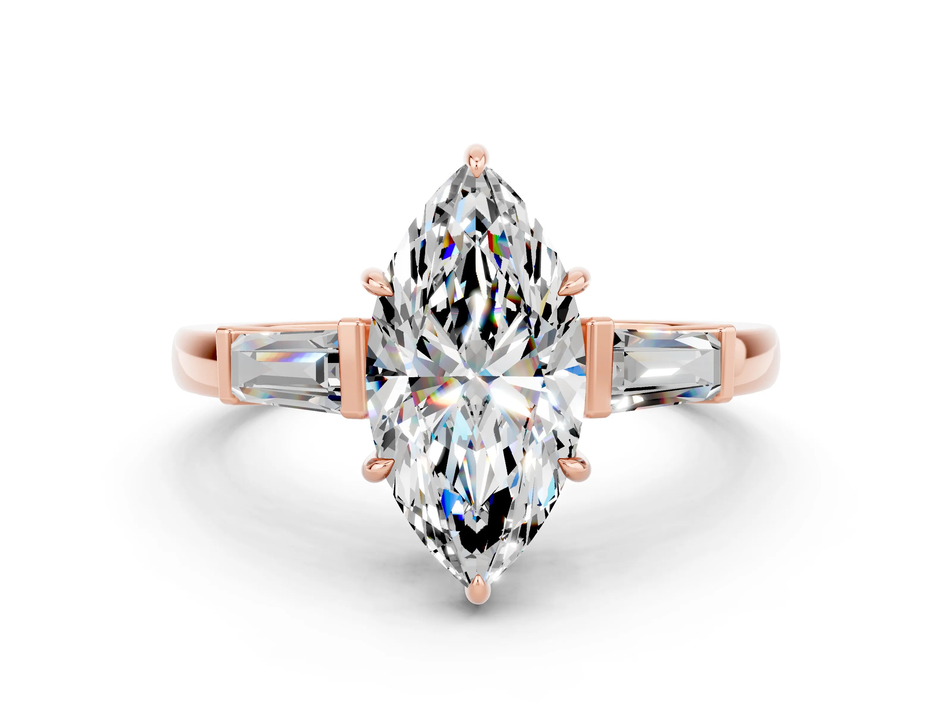 Rose gold Marquise Cut Cut Diamond Ring with Tapered Baguette Side Stones in Four-Prong Setting