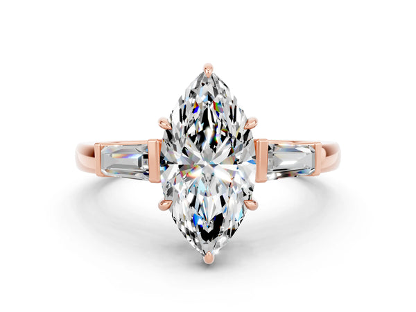 Rose gold Marquise Cut Moissanite Three-Stone Ring with Tapered Baguette Side Stones and Prong Setting