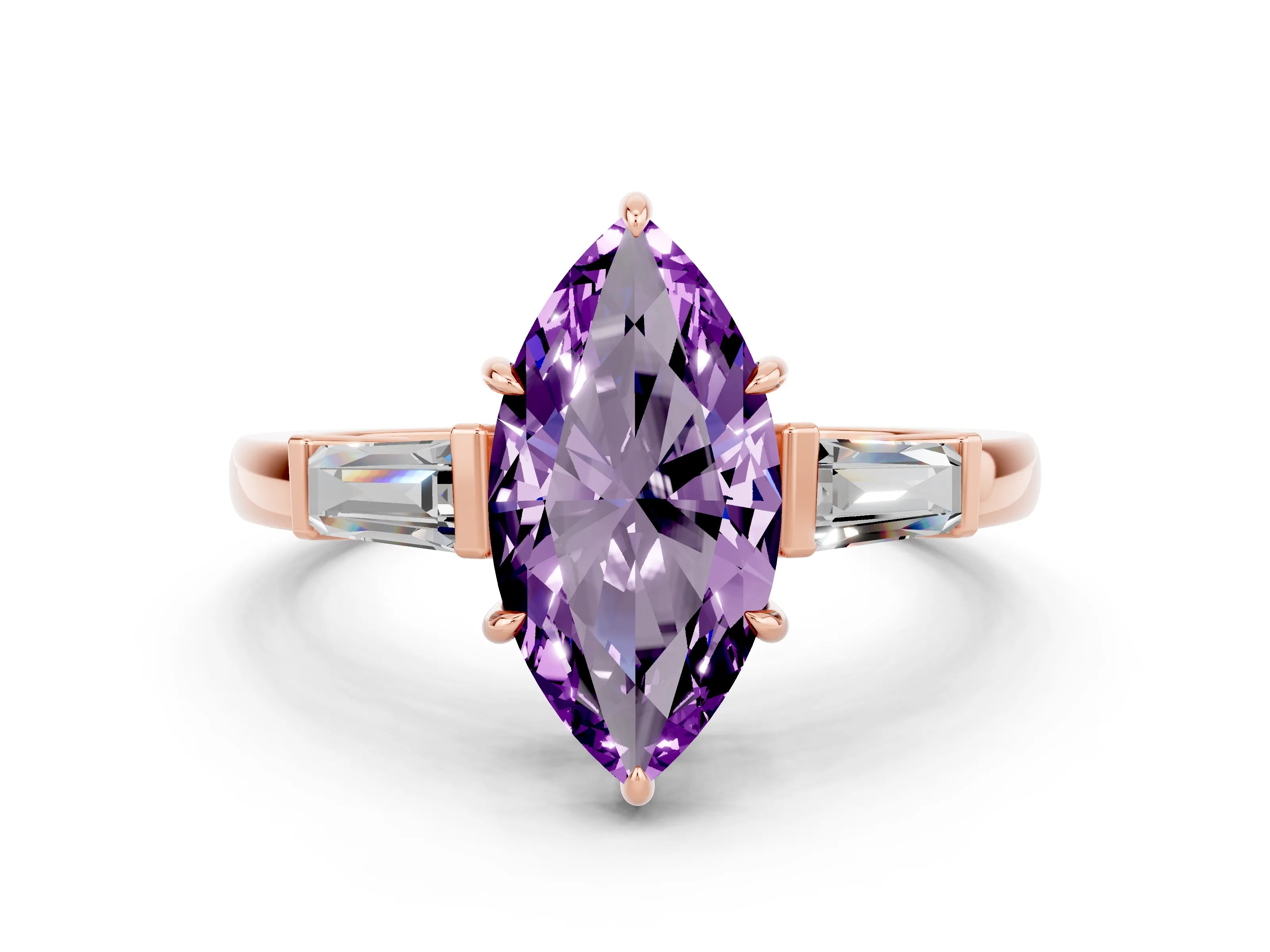 Rose gold Marquise Cut Cut Diamond Ring with Tapered Baguette Side Stones in Four-Prong Setting