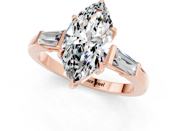 Rose gold Marquise Cut Moissanite Three-Stone Ring with Tapered Baguette Side Stones and Prong Setting