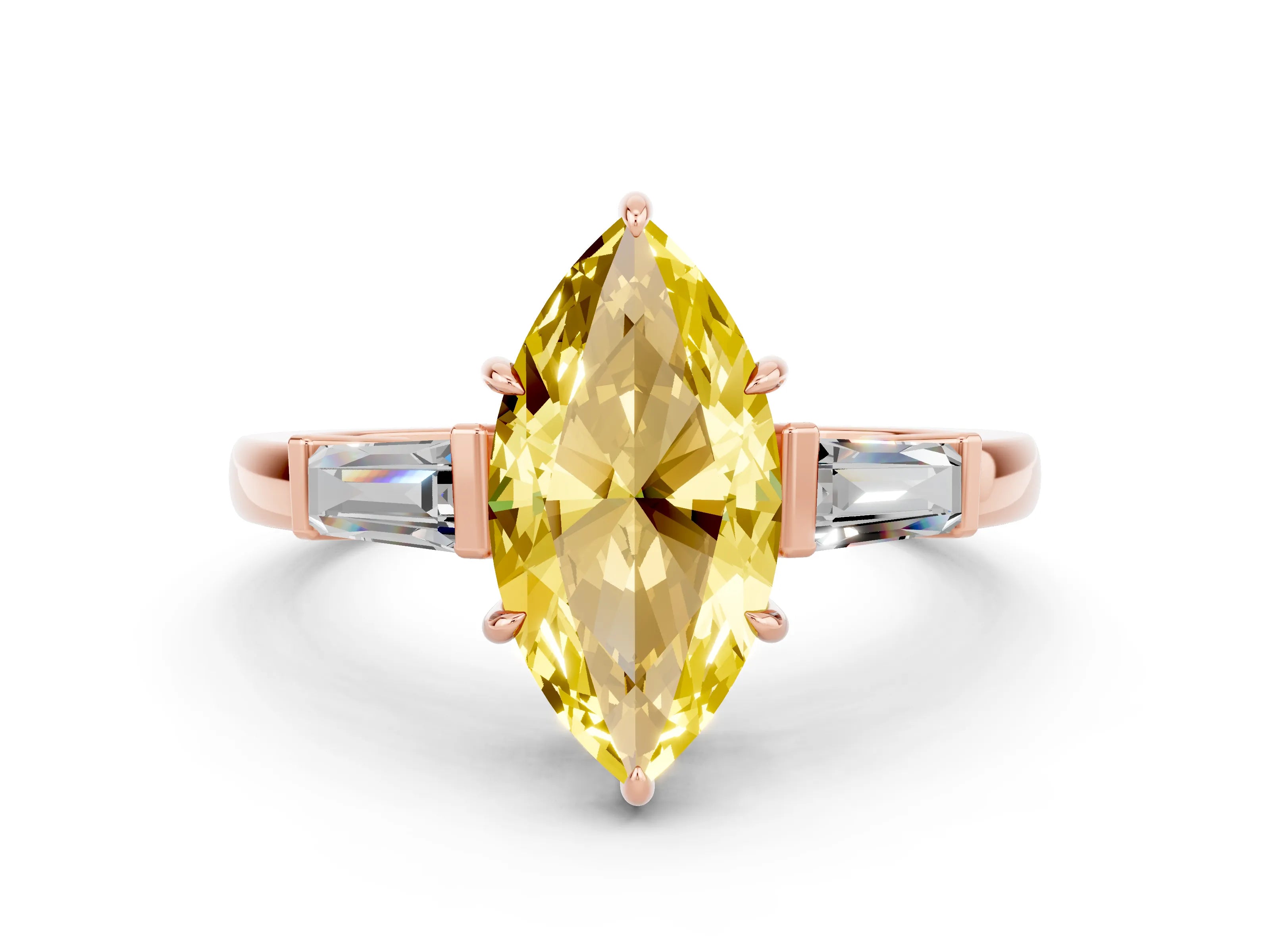 Rose gold Marquise Cut Cut Diamond Ring with Tapered Baguette Side Stones in Four-Prong Setting