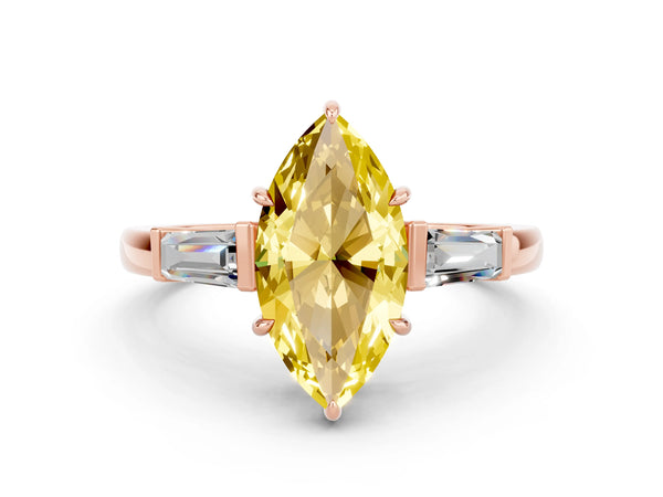 Rose gold Marquise Cut Yellow Sapphire Three-Stone Ring with Tapered Baguette Side Stones and Prong Setting