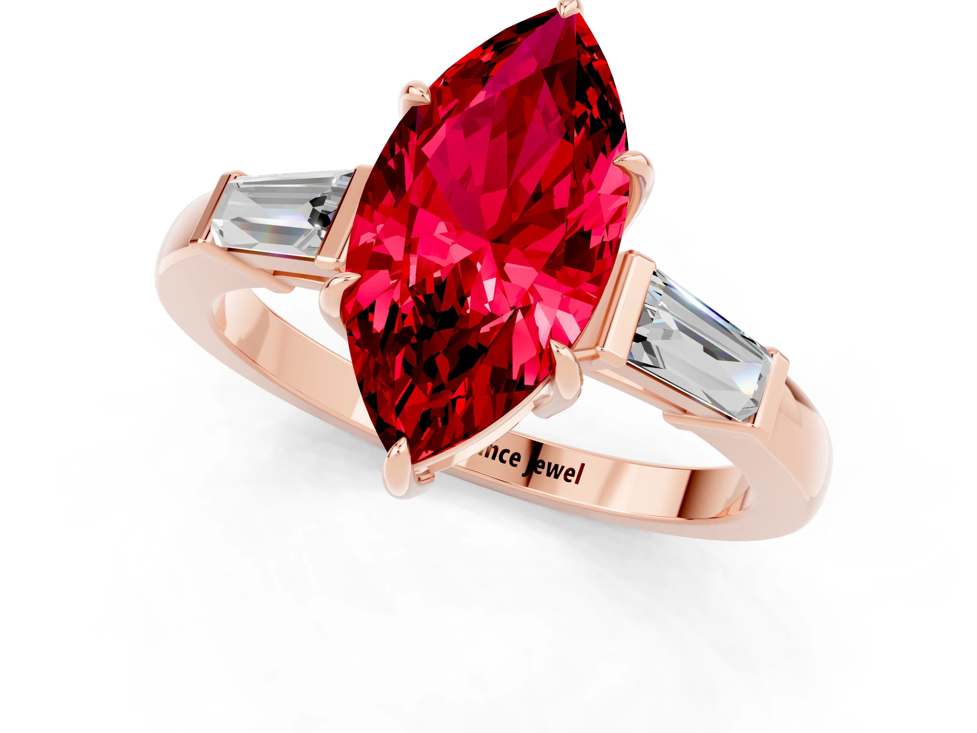 Rose gold Marquise Cut Cut Diamond Ring with Tapered Baguette Side Stones in Four-Prong Setting_1