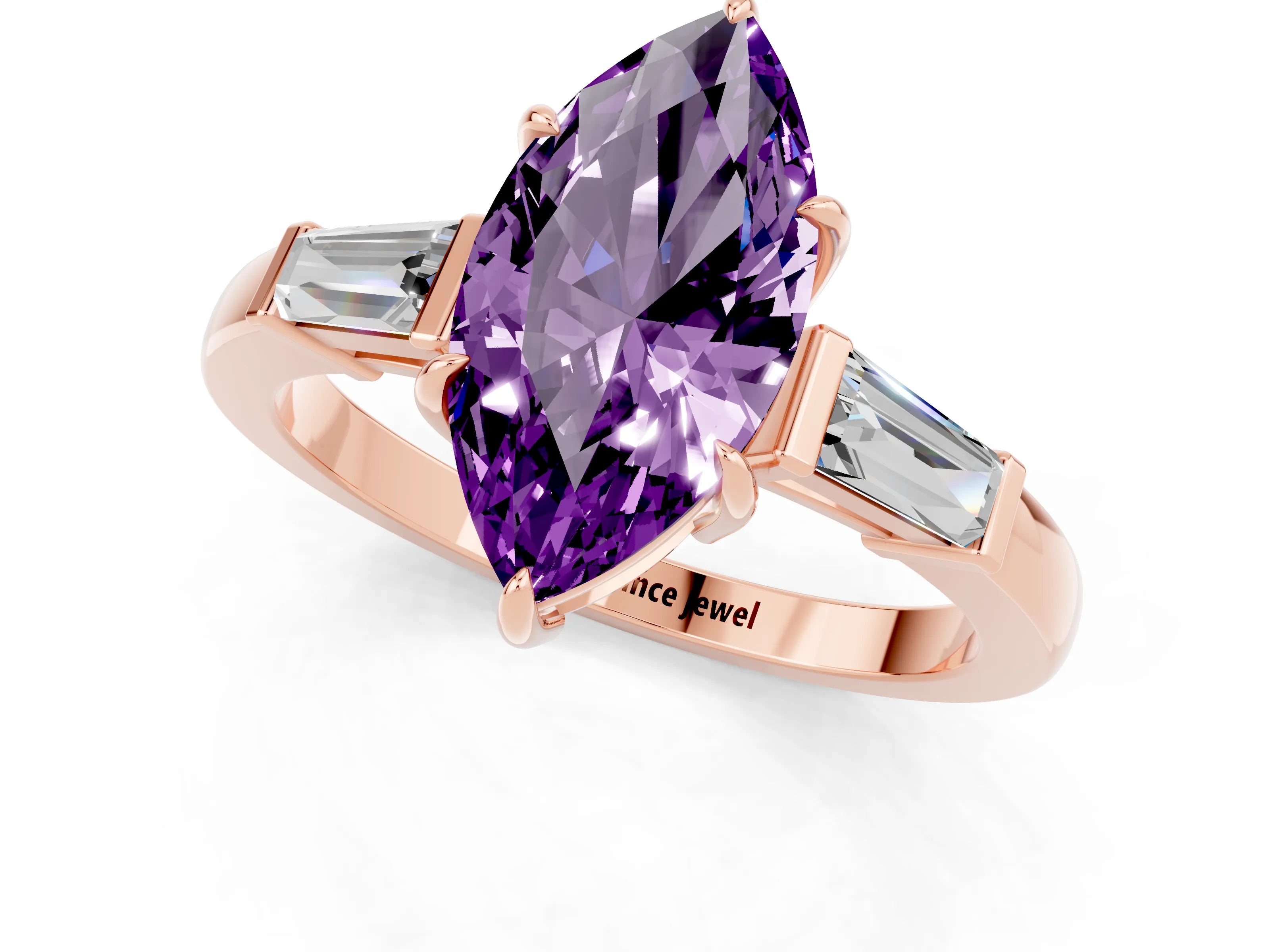 Rose gold Marquise Cut Cut Diamond Ring with Tapered Baguette Side Stones in Four-Prong Setting_1